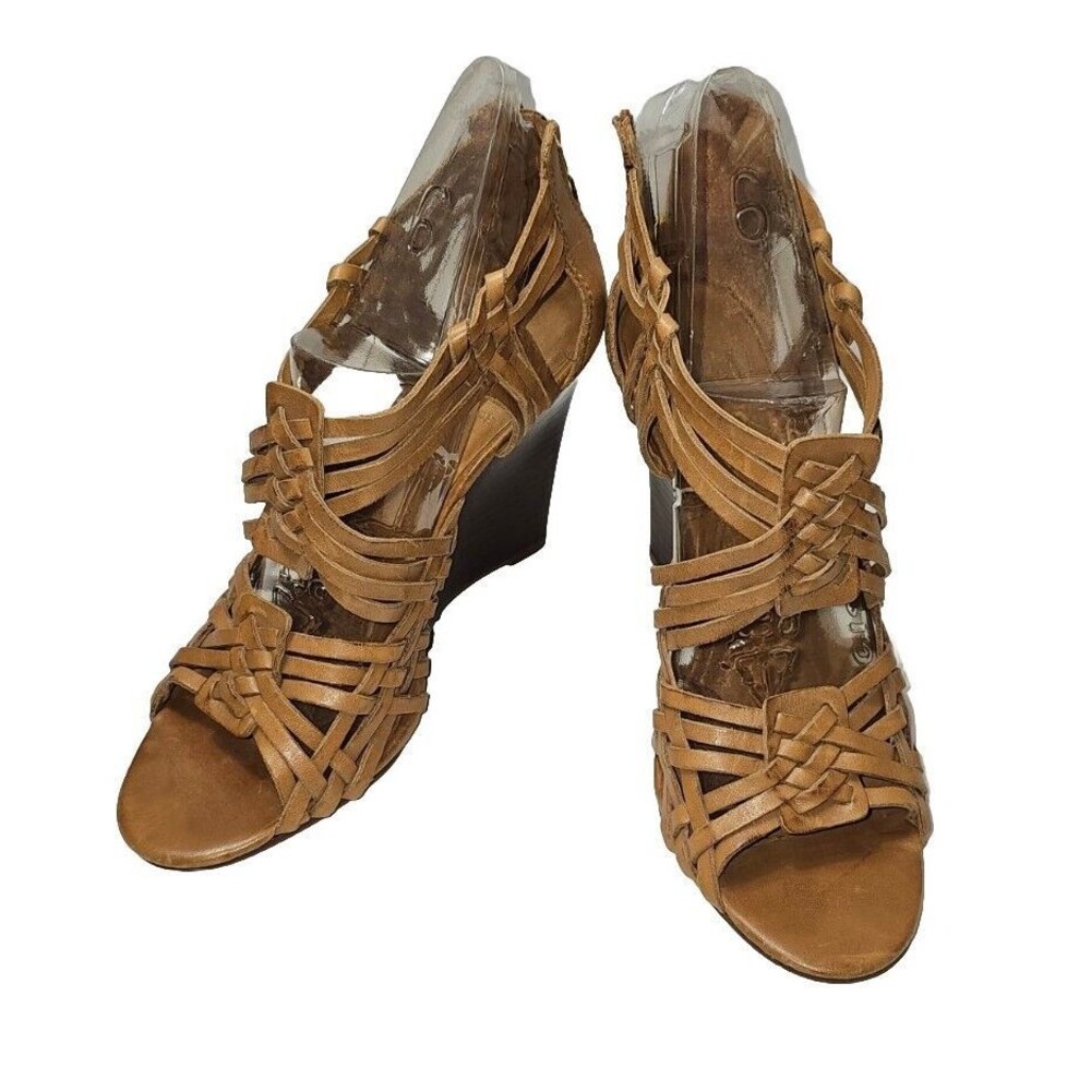 Tory Burch TEVRAY Wedge Sandals Brown Leather Basket Weave Zip 9.5 M